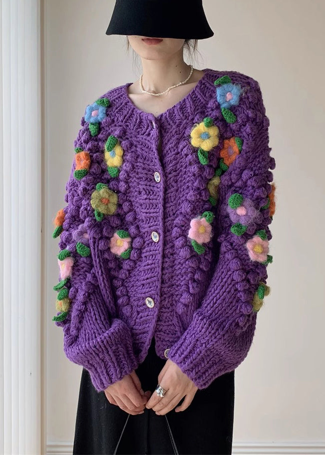 New Purple Button Floral Patchwork Knit Coat Spring