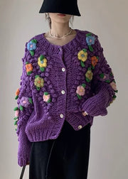 New Purple Button Floral Patchwork Knit Coat Spring