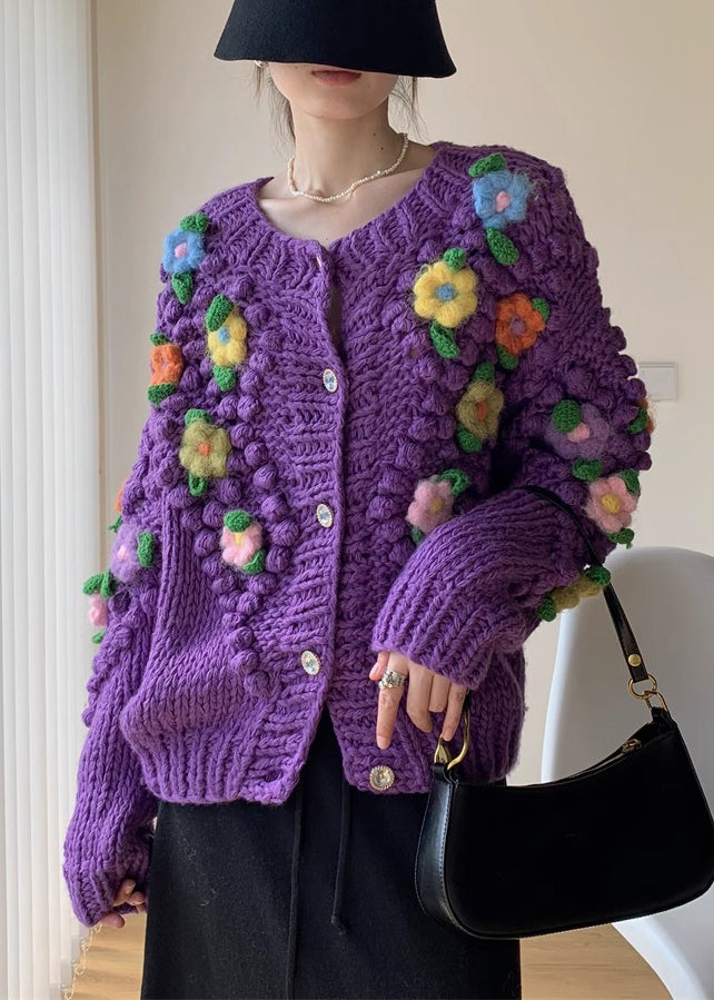 New Purple Button Floral Patchwork Knit Coat Winter