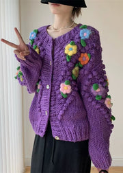 New Purple Button Floral Patchwork Knit Coat Spring