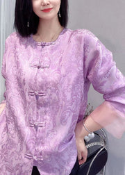 New Purple Button Print Silk Cotton Shirts Long Sleeve