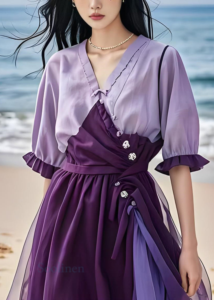 New Purple Cinched Tulle Patchwork Cotton Dress Summer