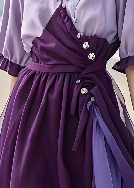 New Purple Cinched Tulle Patchwork Cotton Dress Summer