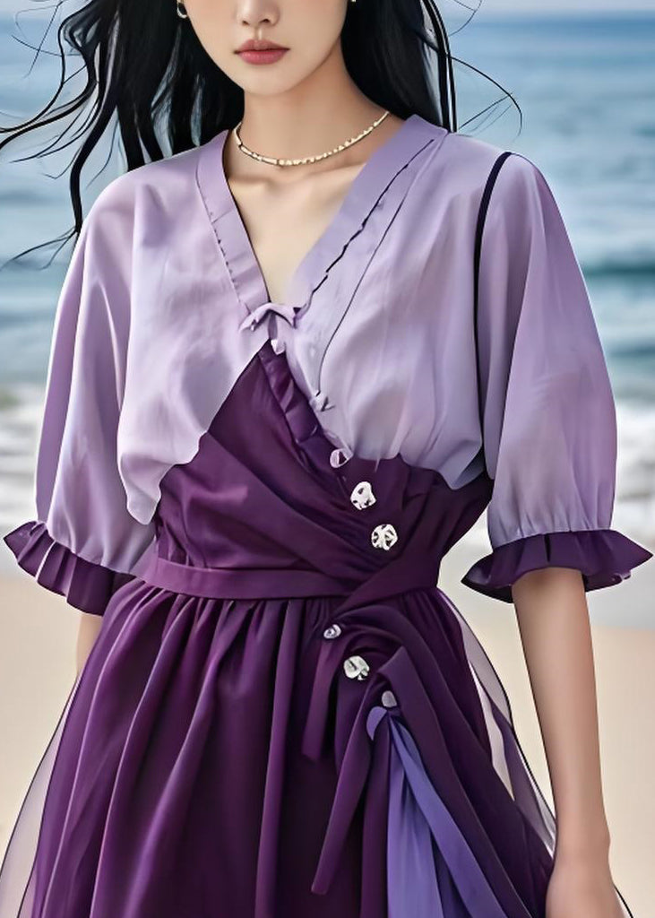 New Purple Cinched Tulle Patchwork Cotton Dress Summer