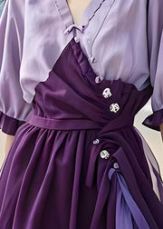 New Purple Cinched Tulle Patchwork Cotton Dress Summer