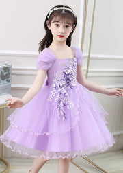 New Purple Embroideried High Waist Tulle Girls Vacation Maxi Dresses Summer