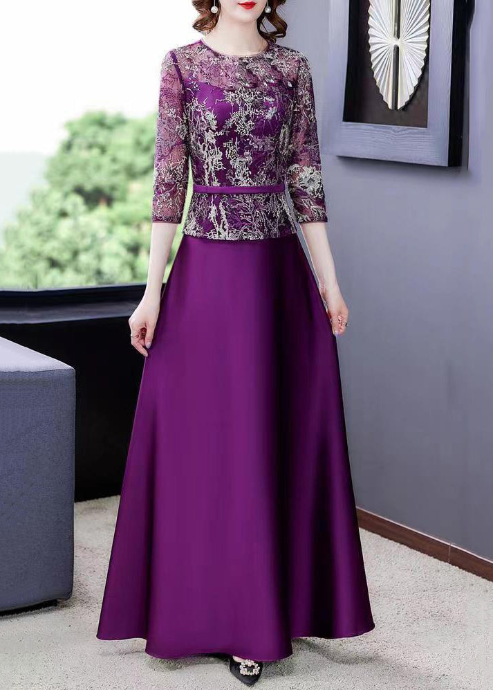 New Purple Embroidered Tulle Patchwork Maxi Dresses Half Sleeve