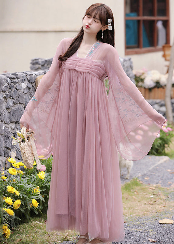 New Purple Embroideried Wrinkled Patchwork Tulle Long Dress Fall