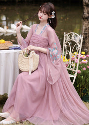 New Purple Embroideried Wrinkled Patchwork Tulle Long Dress Fall