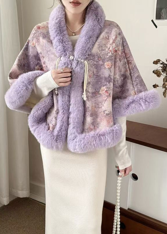 New Purple Fur Collar Print Warm Fleece Cape Coats Winter