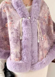 New Purple Fur Collar Print Warm Fleece Cape Coats Winter