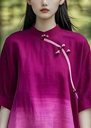 New Purple Gradient Color Stand Collar Cotton Tops Half Sleeve