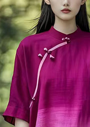 New Purple Gradient Color Stand Collar Cotton Tops Half Sleeve