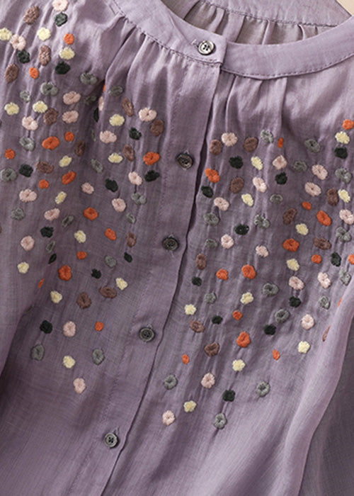 New Purple O Neck Embroideried Side Open Linen Blouse Spring