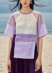 New Purple O Neck Patchwork Cotton T Shirt Summer