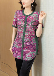 New Purple O Neck Print Button Patchwork Silk Shirt Summer