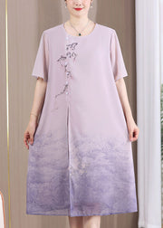 New Purple O Neck Print Patchwork Chiffon Dresses Summer