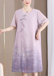 New Purple O Neck Print Patchwork Chiffon Dresses Summer