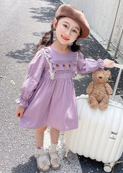 New Purple O-Neck Ruffled Cotton Girls Dress Flare Sleeve