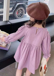 New Purple O-Neck Ruffled Cotton Girls Dress Flare Sleeve