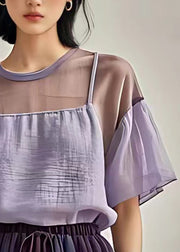 New Purple O Neck Solid Cotton Top Short Sleeve