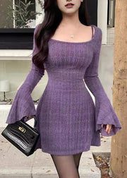 New Purple O-Neck Solid Knit Mid Dress Flare Sleeve