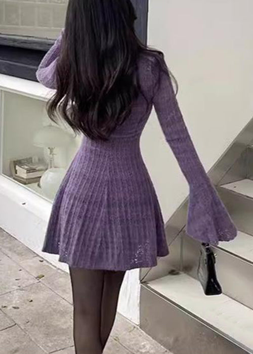 New Purple O-Neck Solid Knit Mid Dress Flare Sleeve