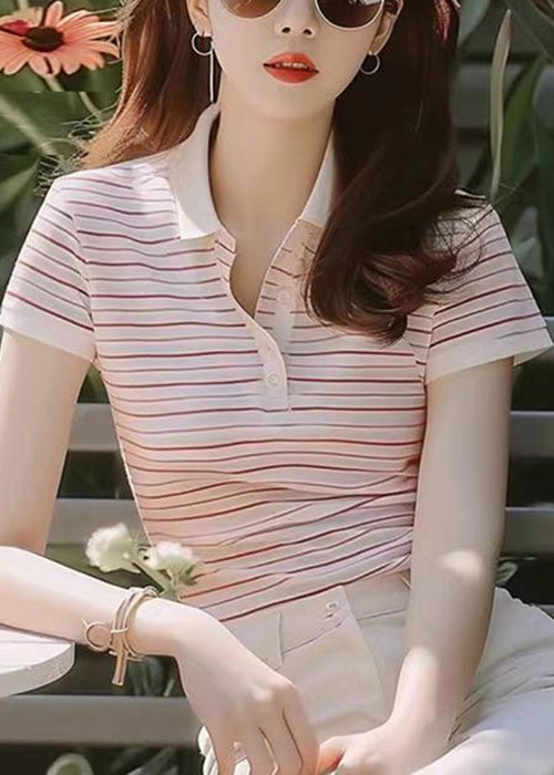 New Purple Peter Pan Collar Striped Cotton T Shirt Summer