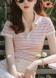 New Purple Peter Pan Collar Striped Cotton T Shirt Summer