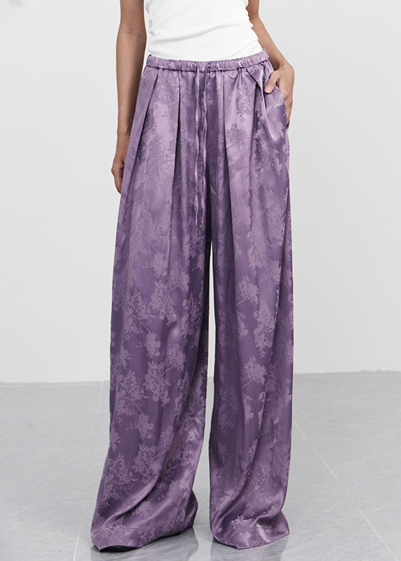 New Purple Print Lace Up Elastic Waist Silk Wide Leg Pants Spring