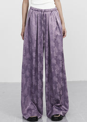 New Purple Print Lace Up Elastic Waist Silk Wide Leg Pants Spring