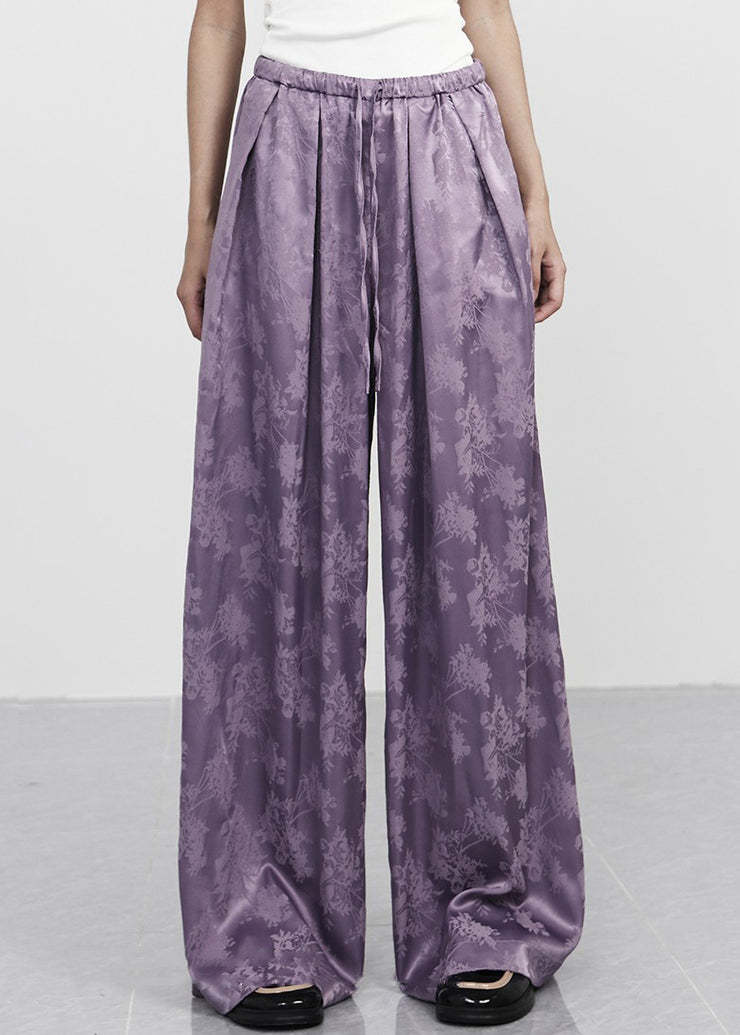 New Purple Print Lace Up Elastic Waist Silk Wide Leg Pants Spring