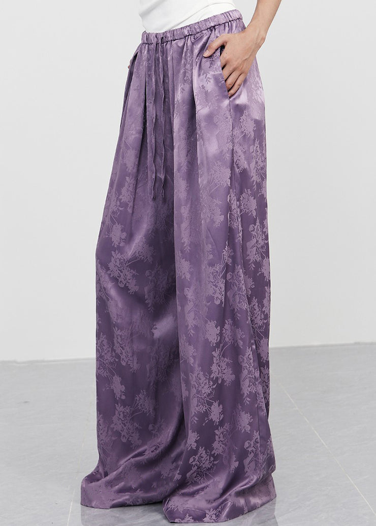 New Purple Print Lace Up Elastic Waist Silk Wide Leg Pants Spring