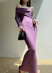 New Purple Slash Neck Side Open Knit Maxi Dress Spring