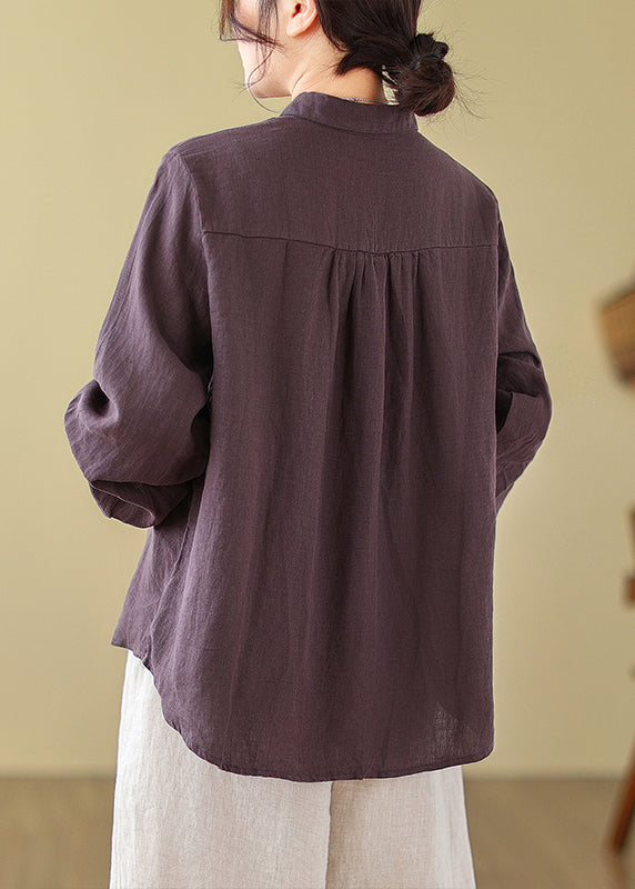 New Purple Solid Embroidered Cotton Blouses Long Sleeve