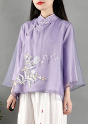 New Purple Stand Collar Embroidered Button Tulle Shirt Spring