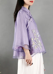 New Purple Stand Collar Embroidered Button Tulle Shirt Spring