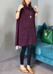 New Purple Turtleneck Pockets Cotton Mid Dress Short Sleeve