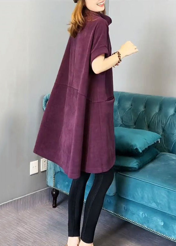 New Purple Turtleneck Pockets Cotton Mid Dress Short Sleeve