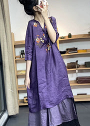 New Purple V Neck Embroidered Linen Dress Half Sleeve