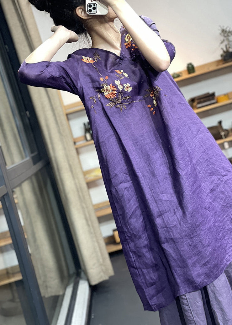 New Purple V Neck Embroidered Linen Dress Half Sleeve