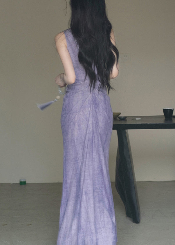 New Purple V Neck Solid Cotton Long Dresses Sleeveless