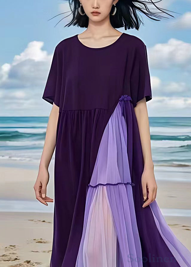 New Purple Wrinkled Patchwork Cotton Long Dress Summer