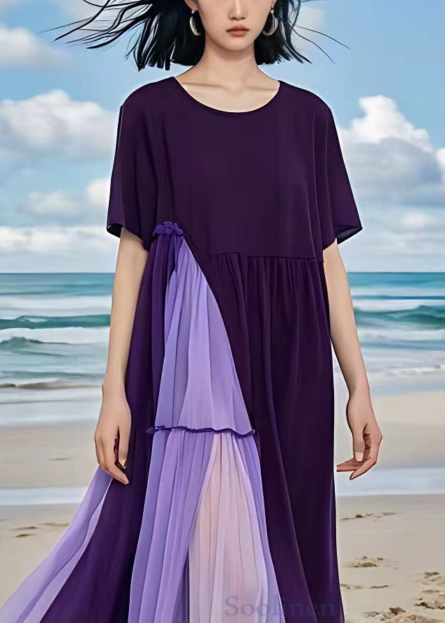 New Purple Wrinkled Patchwork Cotton Long Dress Summer