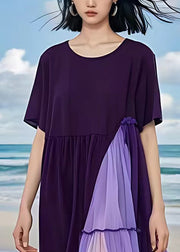 New Purple Wrinkled Patchwork Cotton Long Dress Summer
