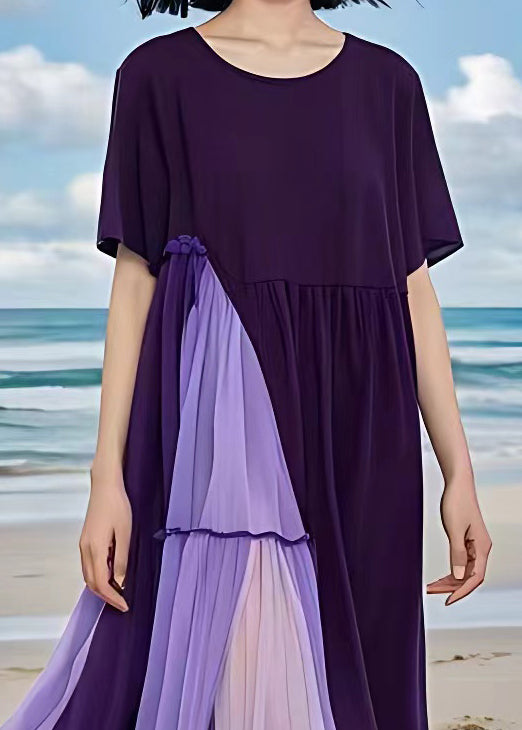 New Purple Wrinkled Patchwork Cotton Long Dress Summer