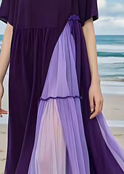 New Purple Wrinkled Patchwork Cotton Long Dress Summer