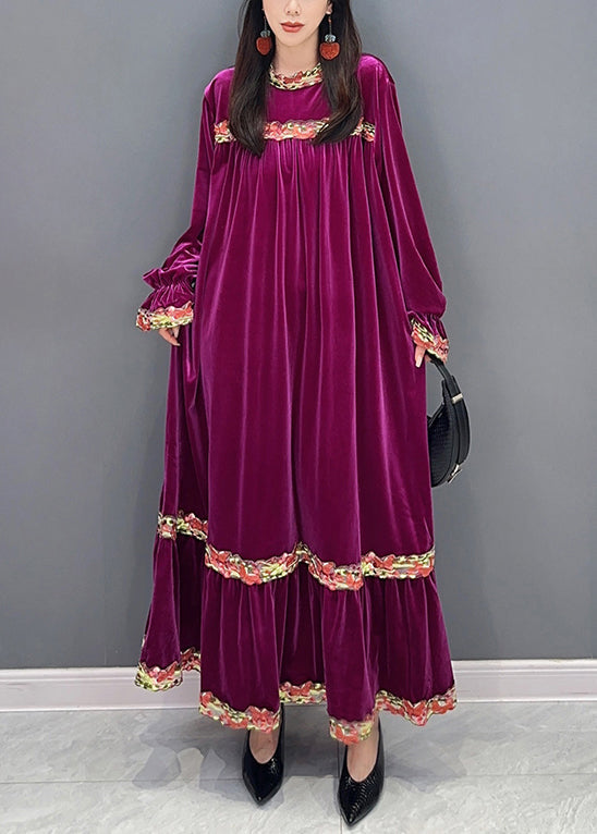 New Purple Wrinkled Patchwork Silk Velvet Long Dresses Long Sleeve