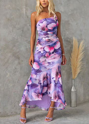 New Purple Zippered Print High Waist Cotton Long Dresses Sleeveless