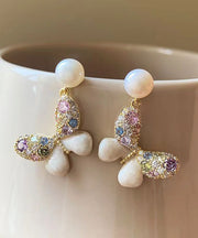 New Rainbow Alloy Zircon Pearl Butterfly Stud Earrings